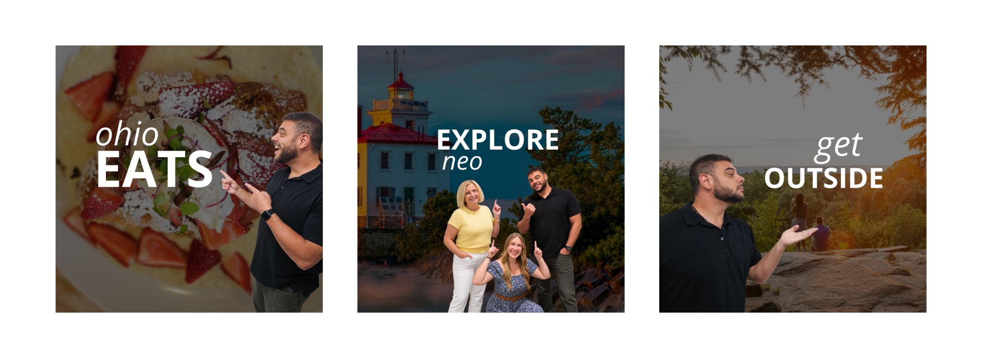 Shane Shannon, Kathy Archer and Sarah Jobin Spaller pointing at the words Explore NEO.
